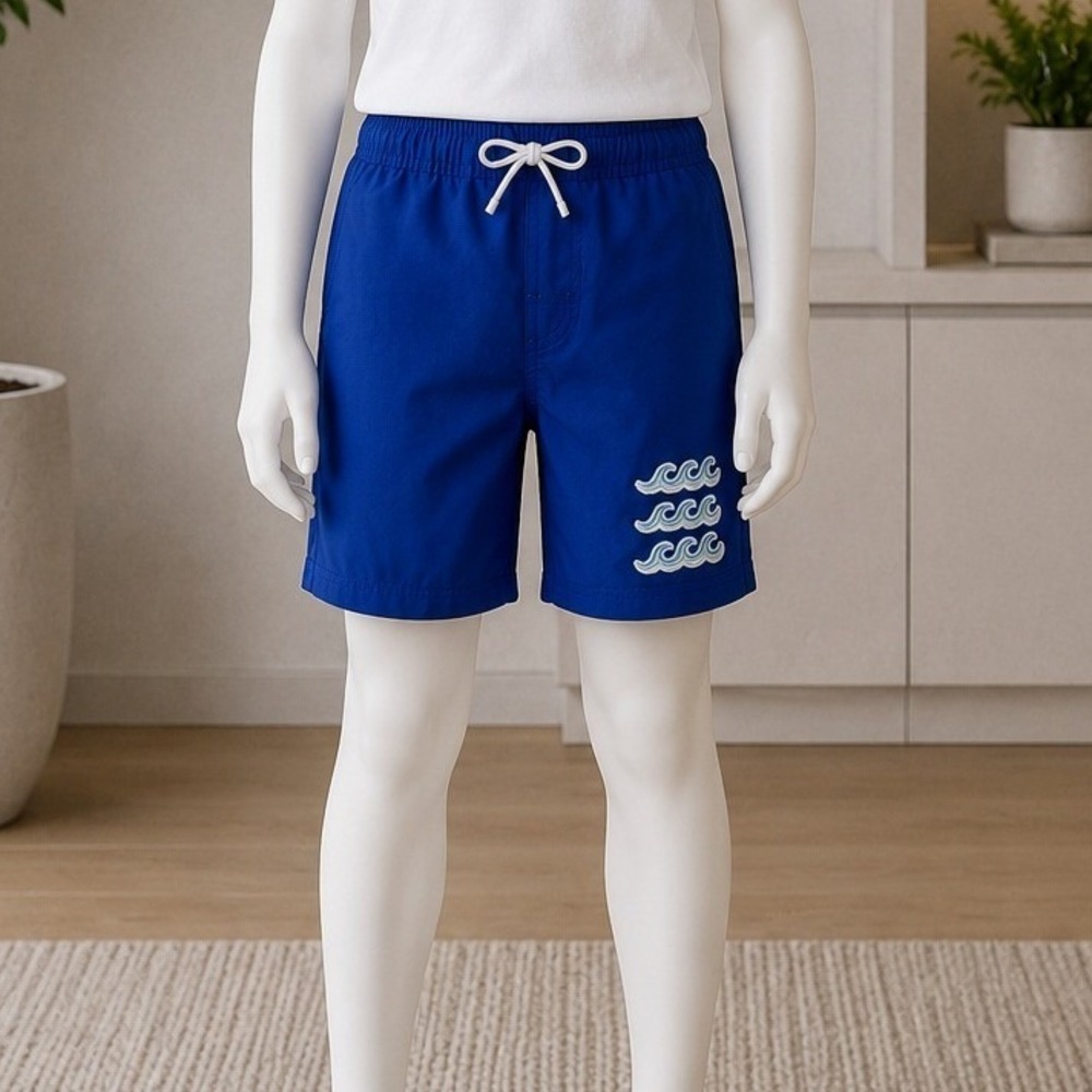 Ocean Gear Boys Swim Shorts Blue Embroidered Wave Graphic Size 10-12